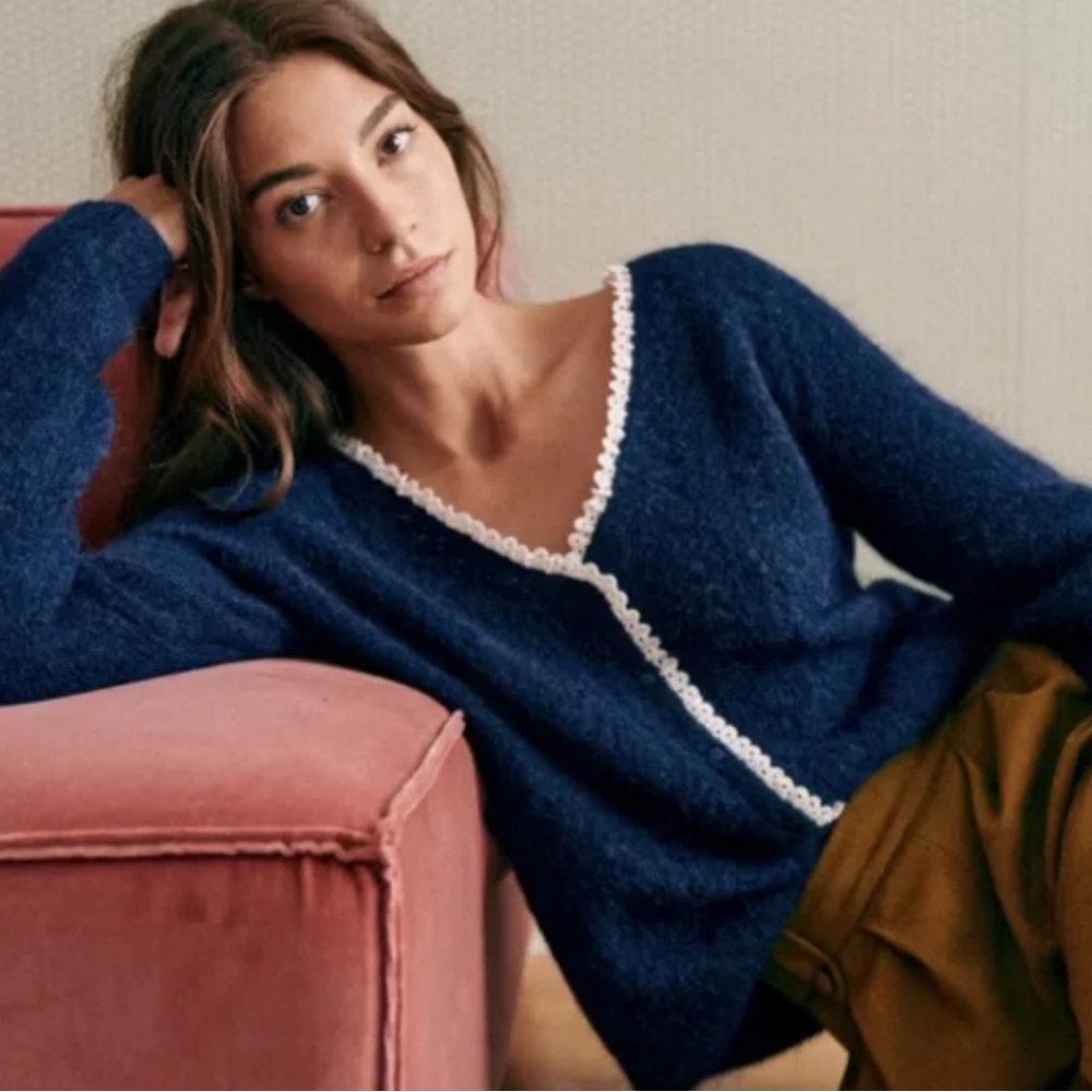 Sezane Navy and White Lace long Sleeve Sweater